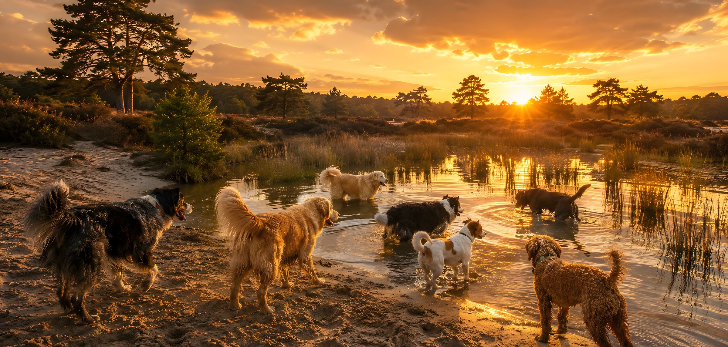 Groepje honden van De Hondenslee bij zonsondergang aan het water tijdens een wandeling
