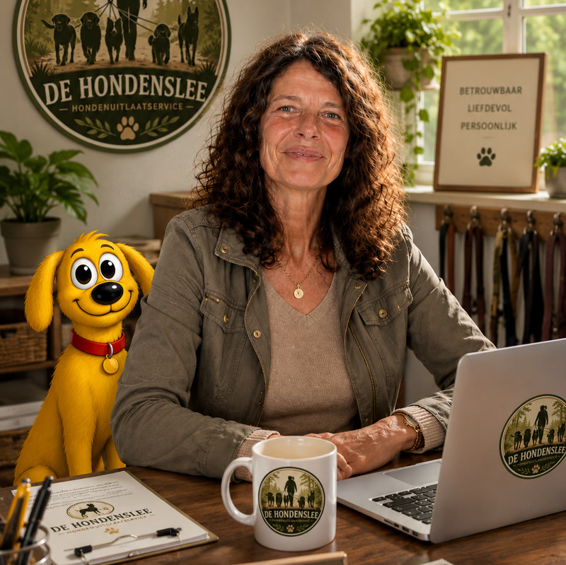 Francis Koet, eigenaresse van De Hondenslee in Amersfoort, aan haar bureau met het logo van De Hondenslee